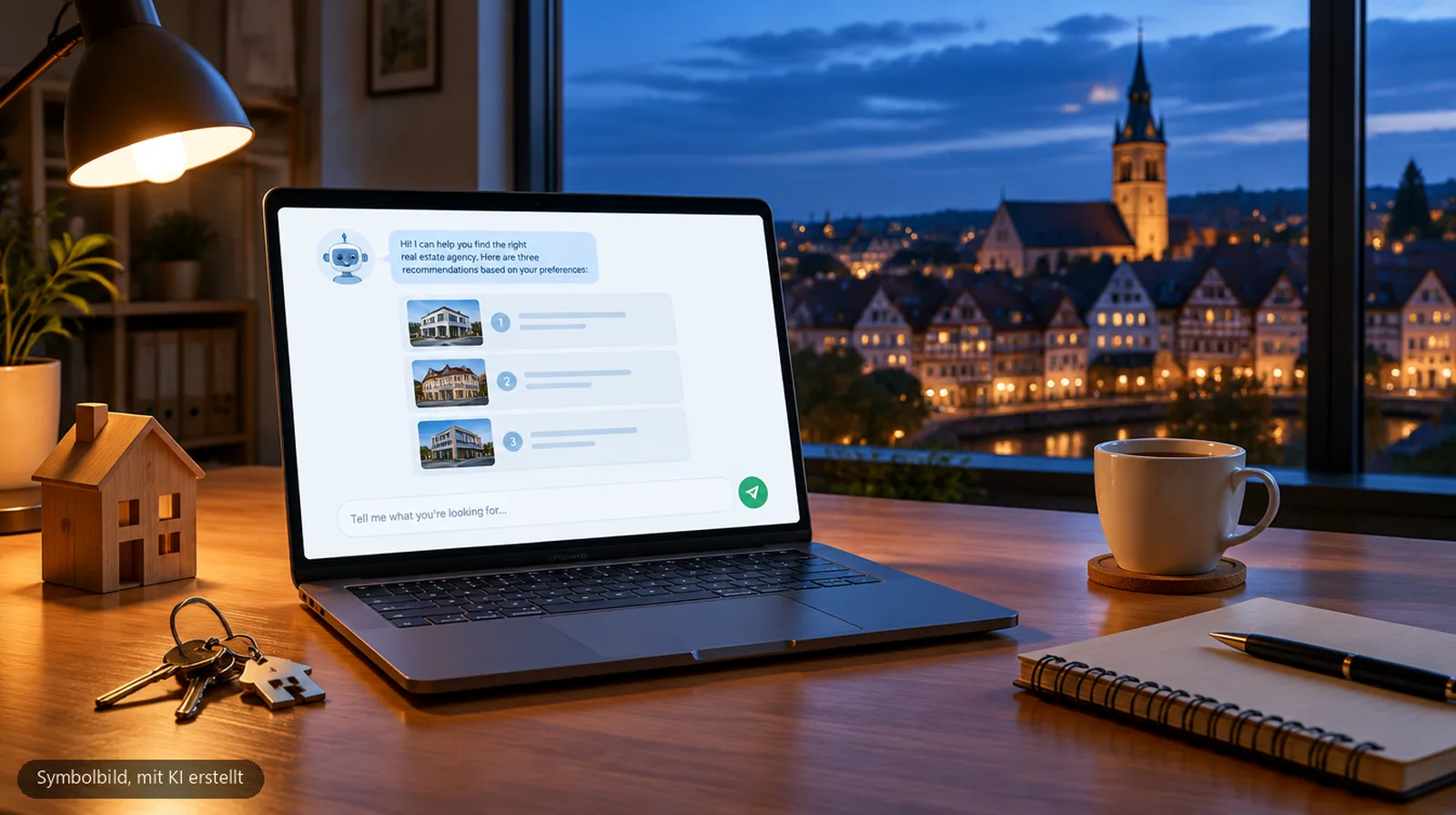 Makler-Schreibtisch am Abend mit Laptop, auf dem ein KI-Assistent drei Makler empfiehlt, daneben ein Hausmodell und Schlüssel